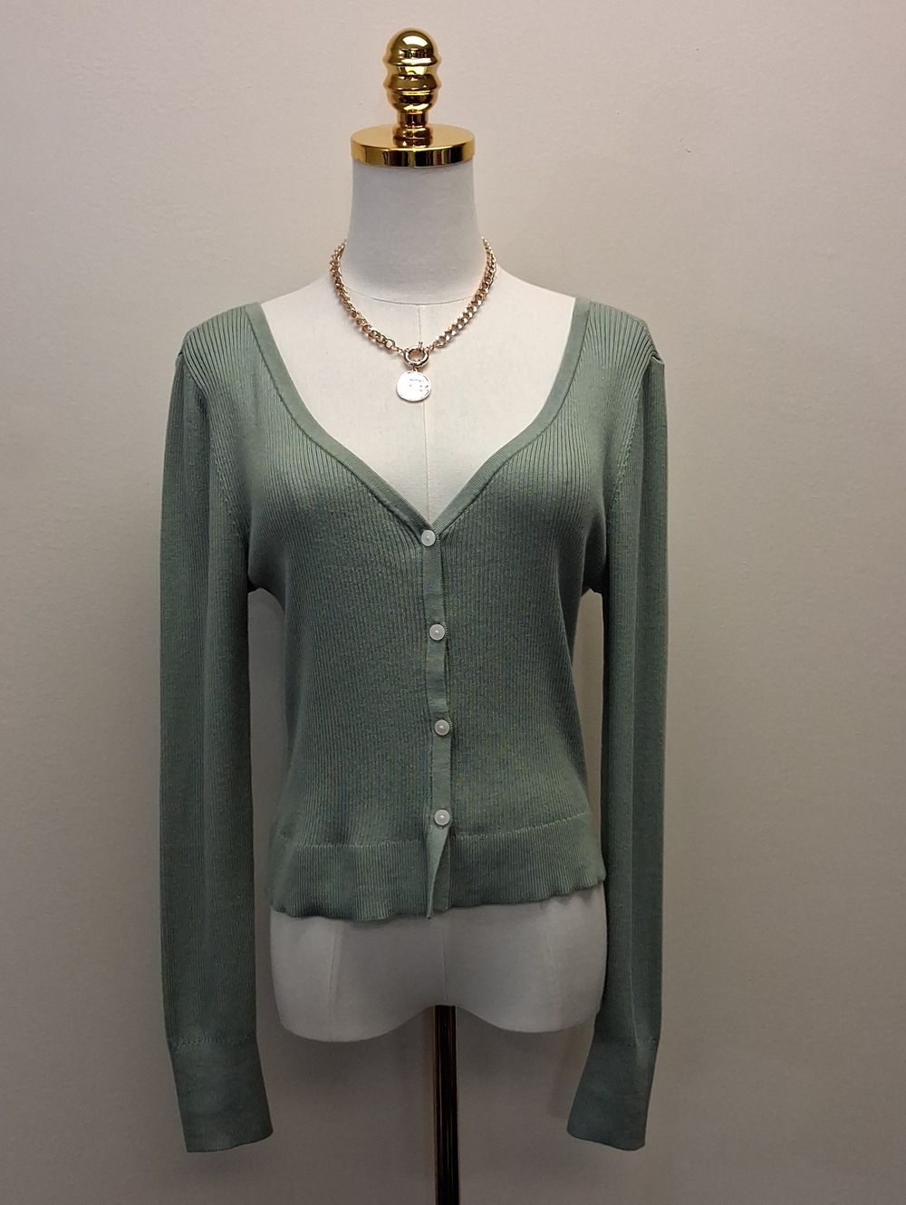 LOFT Verse Sage Green Ribbed V-Neck Button Cardigan Size Medium